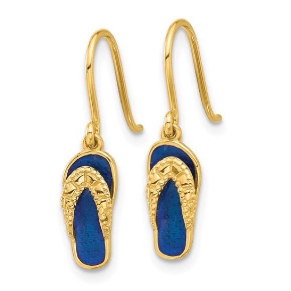 blue enamel 14k Flip Flop Dangle Drop Earrings Shepard’s hook textured - Picture 5 of 5